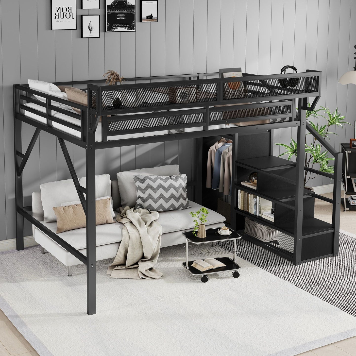 Queen Size Loft Bed With Stairs, Storage Shelves, Wardrobe - Black