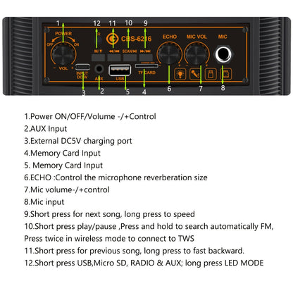 Portable Bluetooth Speaker with Subwoofer Bass, Dual 6.5" LED Woofers and Microphone