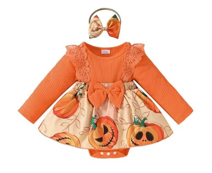 stylesilove Infant Baby Girl Orange Pumpkin Long Sleeve Lace Romper Dress & Bow Headband 2pcs Halloween Clothing Set