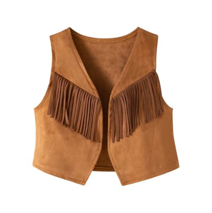 stylesilove Baby Toddler Girls Brown Fringe Vest, Pants, Bandana and Hat 4pcs Halloween Western Cowgirl Clothing Set