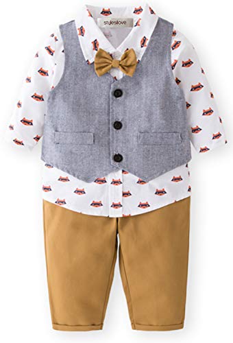 stylesilove Little Boy Foxy Design Clothing Suit, All over Fox Print Shirt, Vest Coat and Pants 3pcs Outfit
