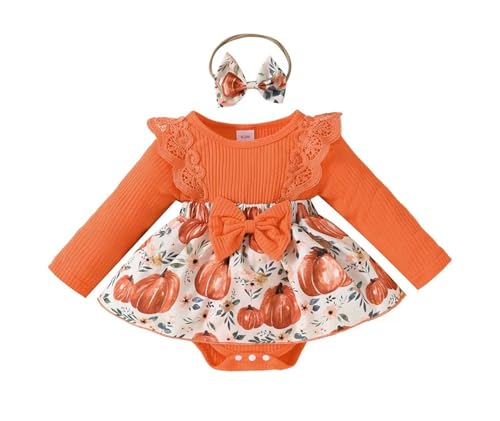 stylesilove Infant Baby Girl Orange Fall Pumpkin Long Sleeve Lace Romper Dress & Bow Headband 2pcs Autumn Harvest Outfit