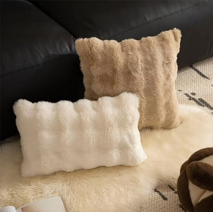 Fennco Styles Luxury Faux Fur Decorative Throw Pillow Cover 18" W X 18" L – Ivory Plush Fluffy Cushion Case for Couch, Bedroom, Living Room and Office Décor