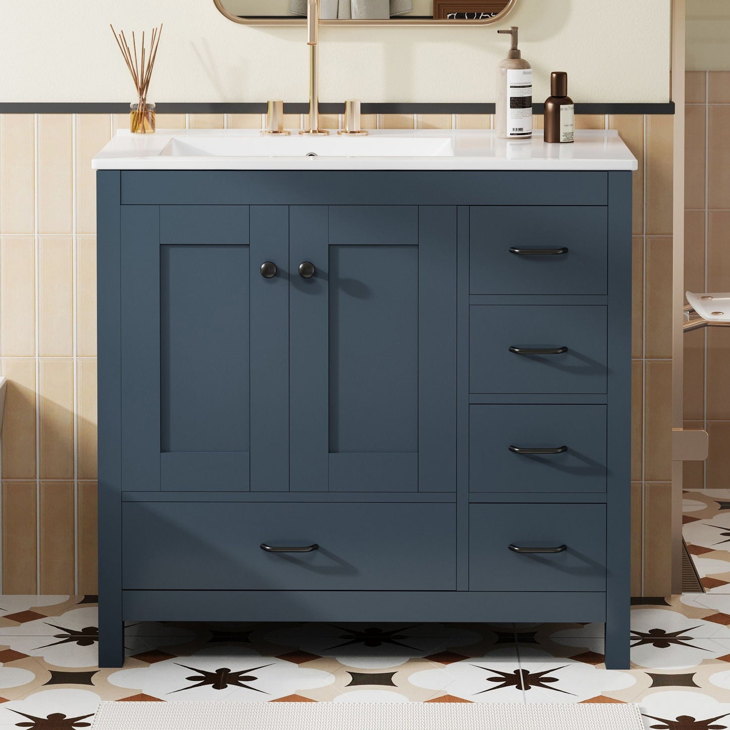 Bathroom Vanity With Ceramic Sink Combo, Abundant Storage Cabinet 2 Soft Close Doors And 5 Drawers