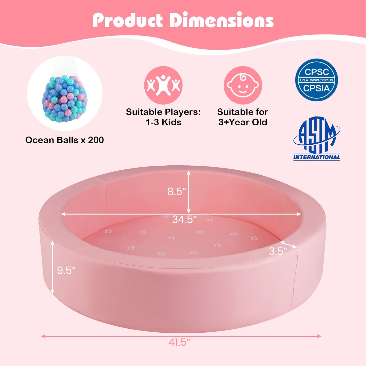 42.5 Inch Round Foam Ball Pits with 25D Sponge Filling and Washable PU Cover for Toddlers