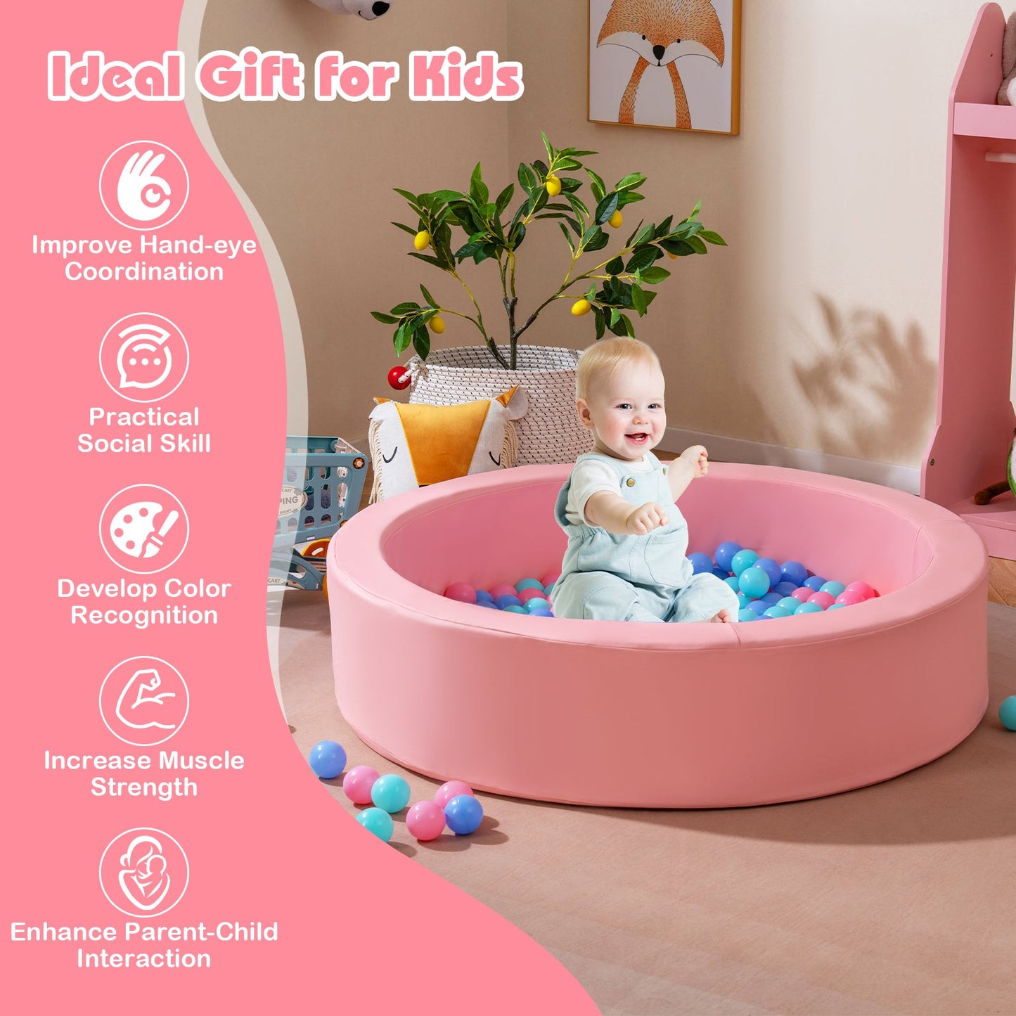 42.5 Inch Round Foam Ball Pits with 25D Sponge Filling and Washable PU Cover for Toddlers
