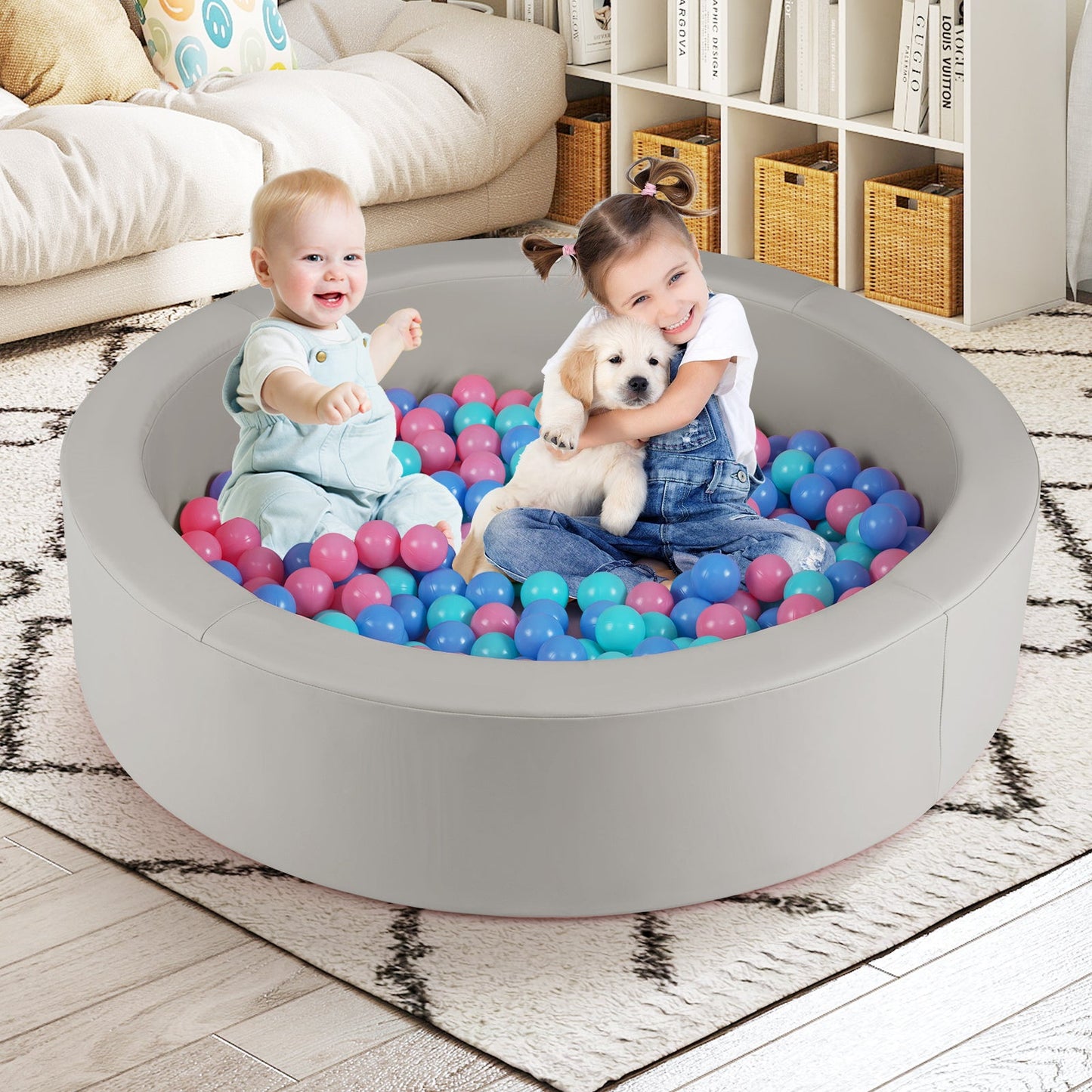 42.5 Inch Round Foam Ball Pits with 25D Sponge Filling and Washable PU Cover for Toddlers