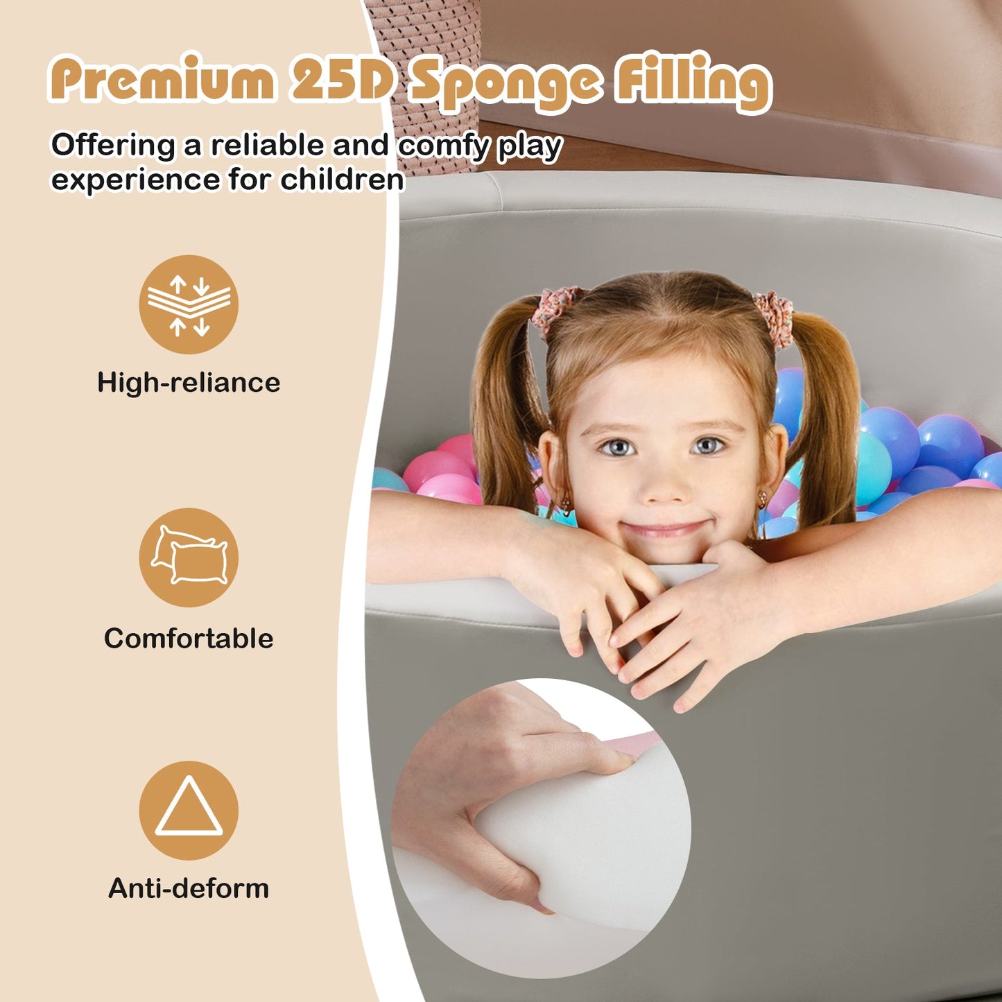 42.5 Inch Round Foam Ball Pits with 25D Sponge Filling and Washable PU Cover for Toddlers