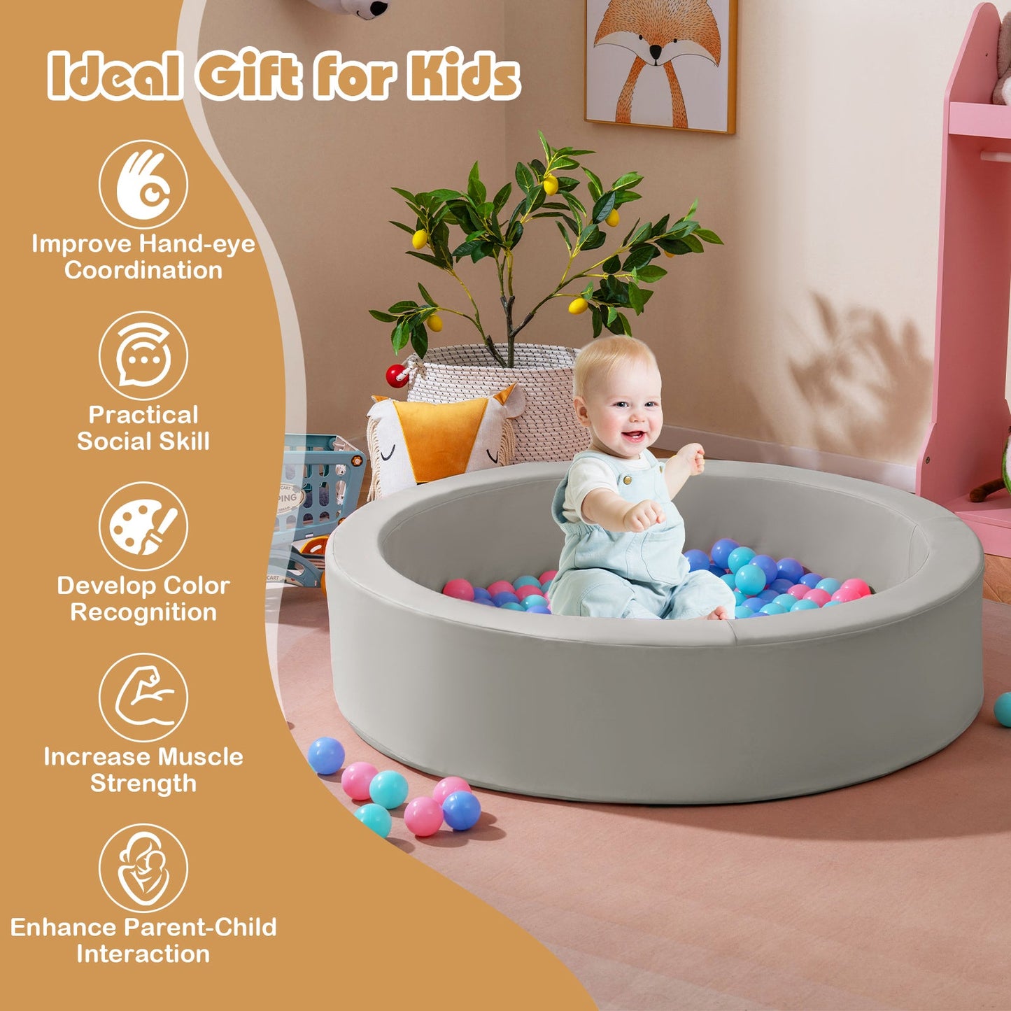 42.5 Inch Round Foam Ball Pits with 25D Sponge Filling and Washable PU Cover for Toddlers