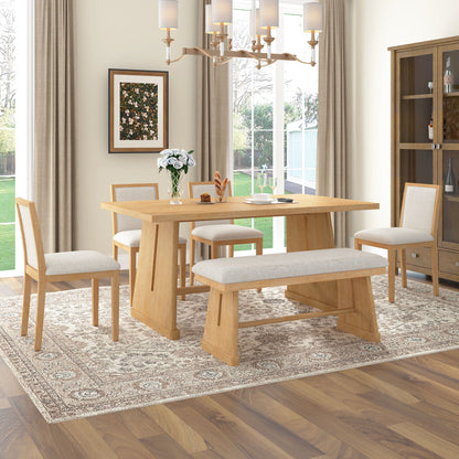 Dining Set With Rectangular Table, 4 Upholstered Chairs & 1 Padded Bench
