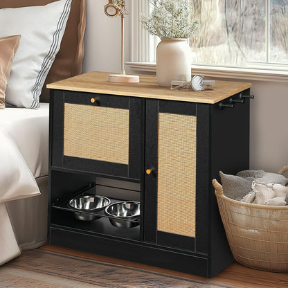 Feeding Station with 2 Lockers and Elevated Bowls Black