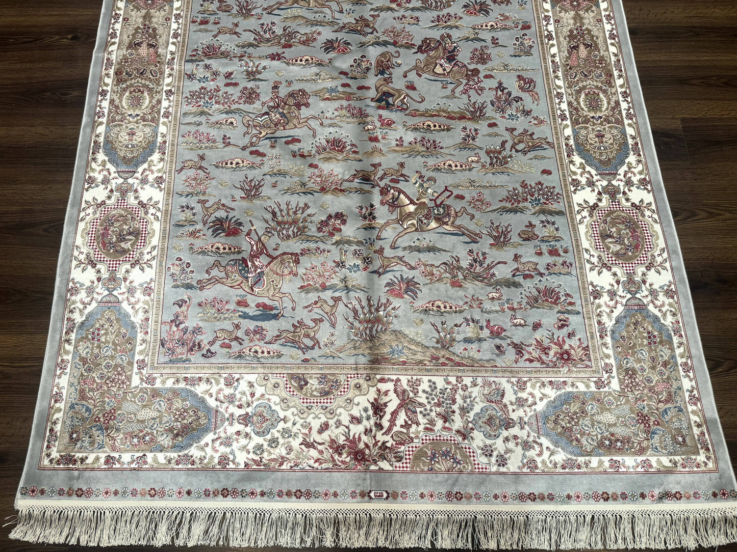Turkish Silk Rug 5x7, Hunting Design, Animal Pictorials, Bamboo Silk