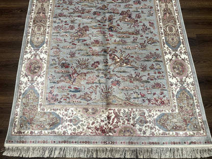 Turkish Silk Rug 5x7, Hunting Design, Animal Pictorials, Bamboo Silk