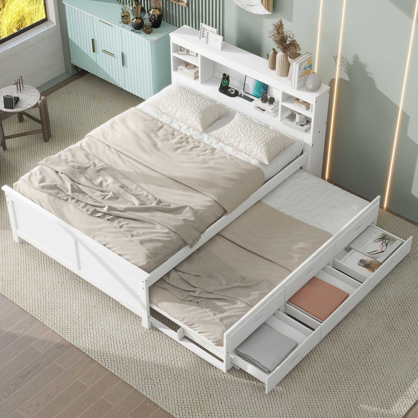 Platform Bed With Storage Headboard, USB, Trundle And 3 Drawers