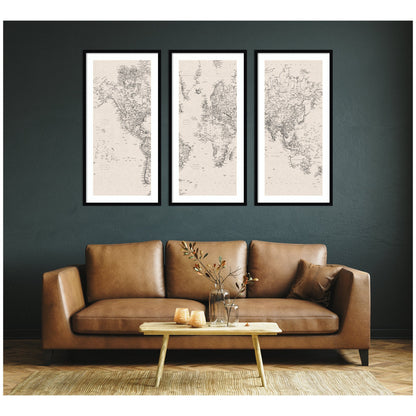 Vintage Black and White World Map Linen 3 Piece Framed Wall Art Print Set by The Creative Bunch Studio