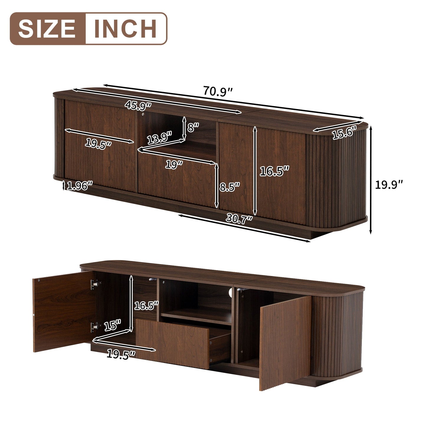 70" TV Stand With Ample Storage, Curved Corners - Dark Brown