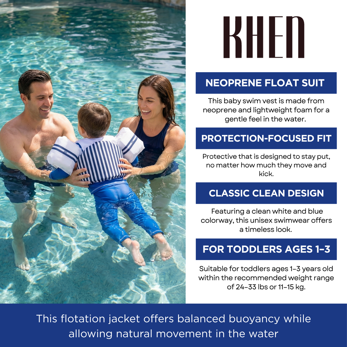 Floating Jackets with Sleeves for Pool or Beach | 1-3 Years | White & Blue