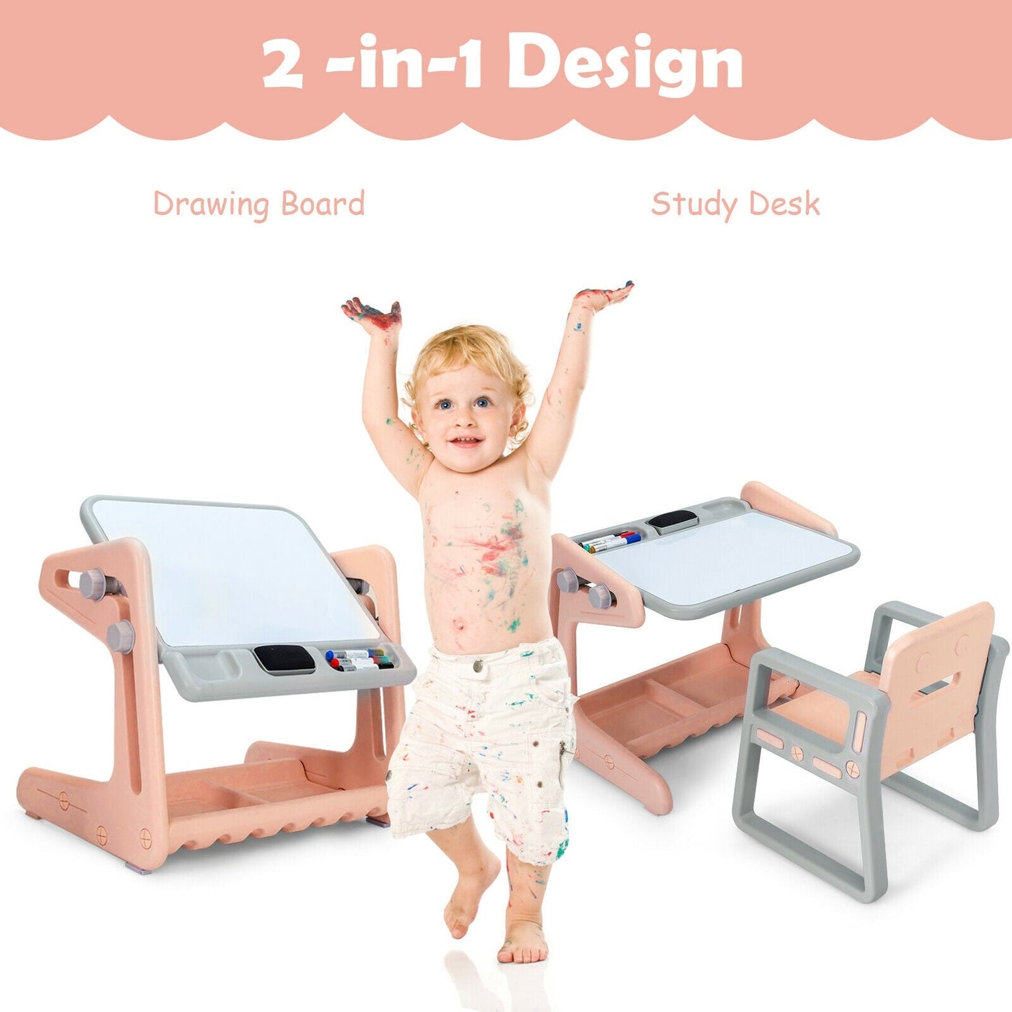 2 in 1 Kids Easel Table and Chair Set with Adjustable Art Painting Board