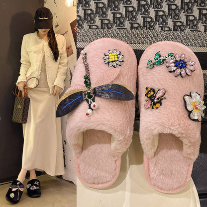 Winter Woman Warm Home Slippers Women Diamond Flip Flops Fur Slides Anti-slip Indoor Slippers Slip On Bedroom Shoes Memory Foam Wool Lining Indoor Ourdoor Non Skid Slippers