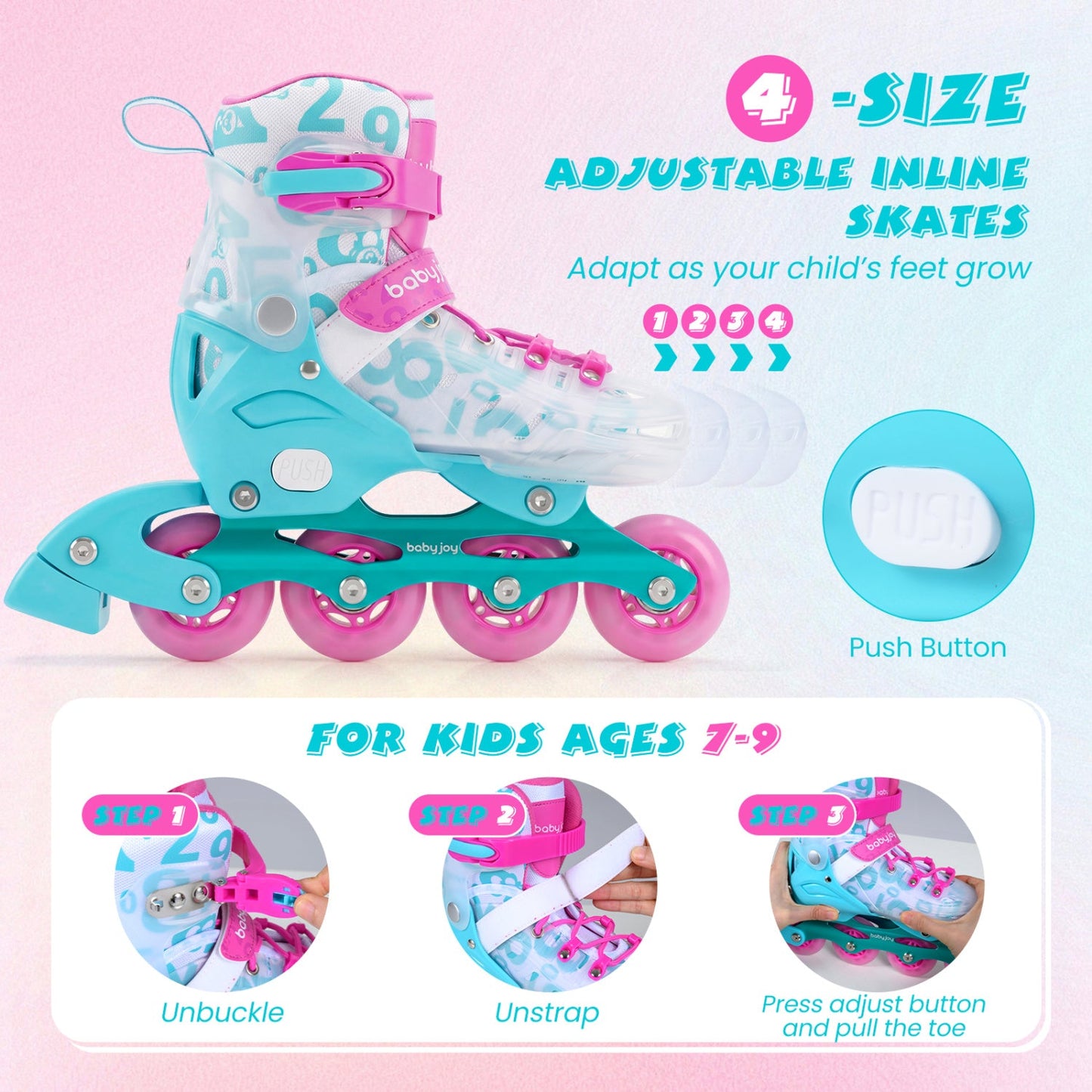4-Size Adjustable Illuminating Kids Inline Skates with Light Up Wheels