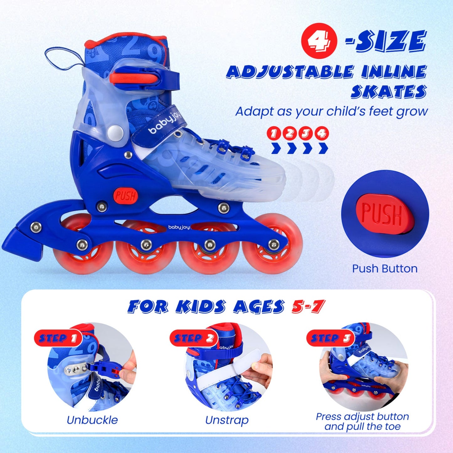 4-Size Adjustable Kids Inline Skates for Beginners Ages 5-7