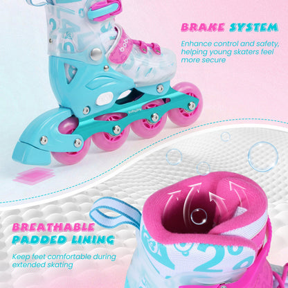 4-Size Adjustable Kids Inline Skates for Beginners Ages 5-7