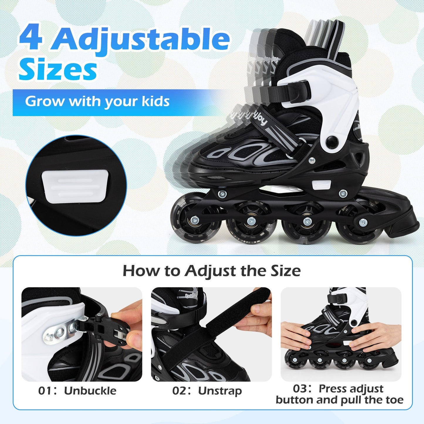 4 Sizes Adjustable Blade Roller with Light-up Wheels for Youth