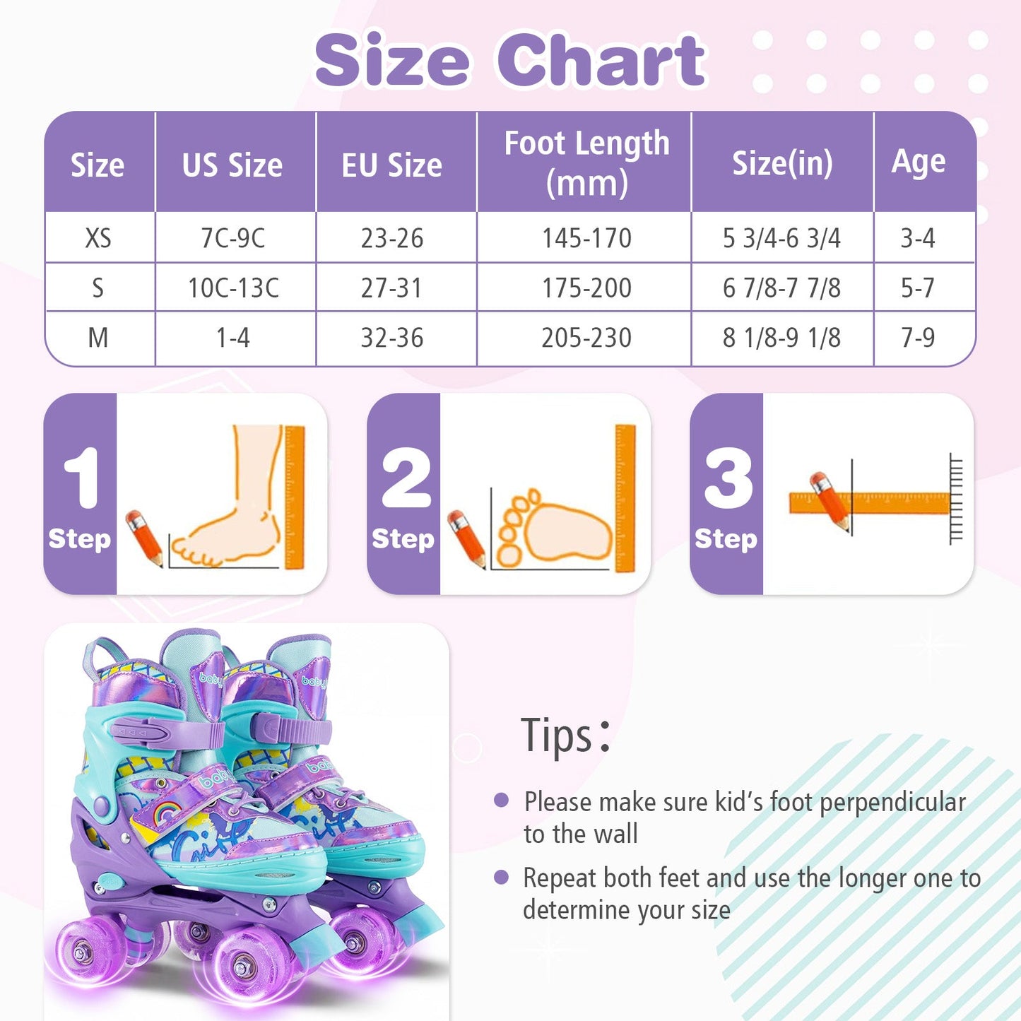 4 Sizes Adjustable Kids Roller Skates with Light-up Wheels and Safety Protection M Size-Purple