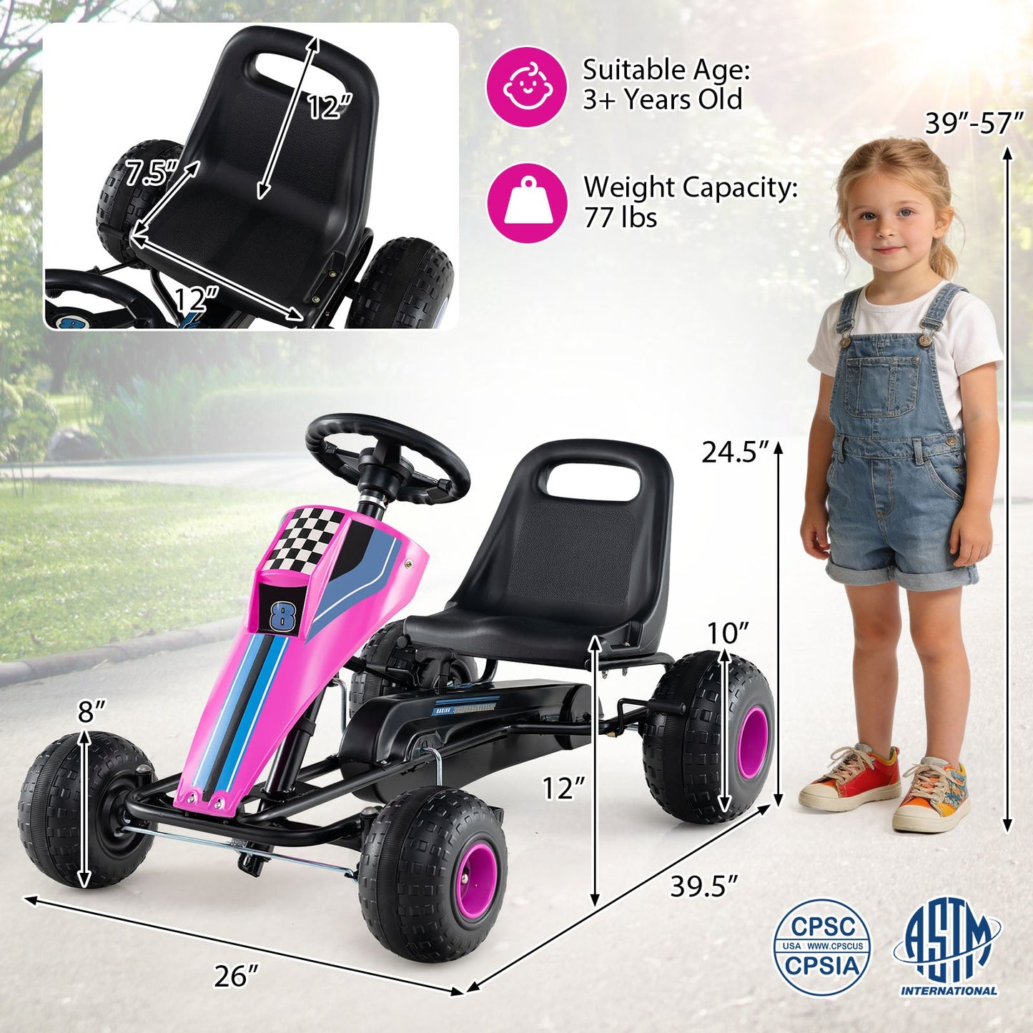 4-Wheel Ride On Toy Pedal Go Kart for Kids with Steering Wheel and Safe Handbrake