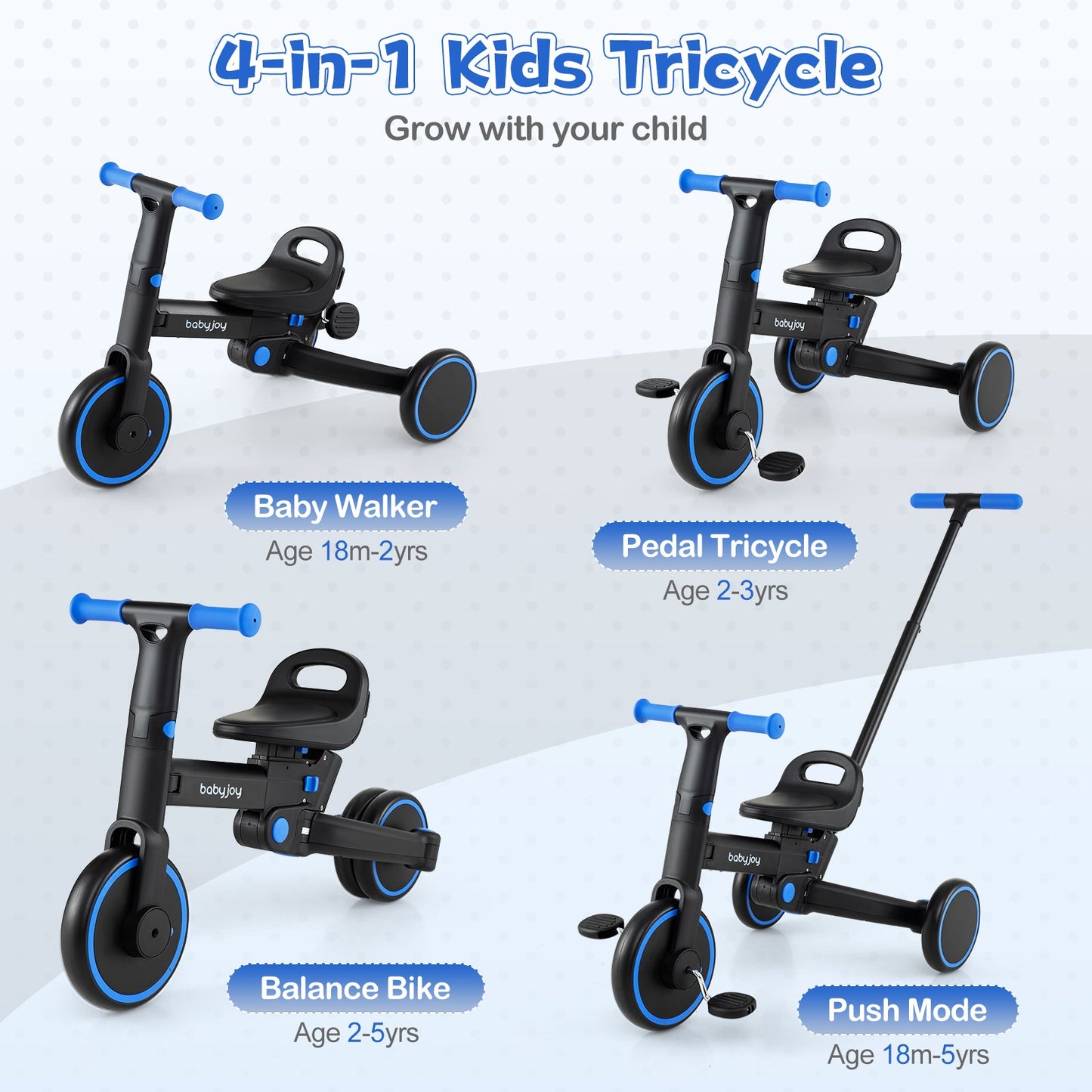 4-in-1 Foldable Toddler Tricycle with Push Handle with Adjustable Seat