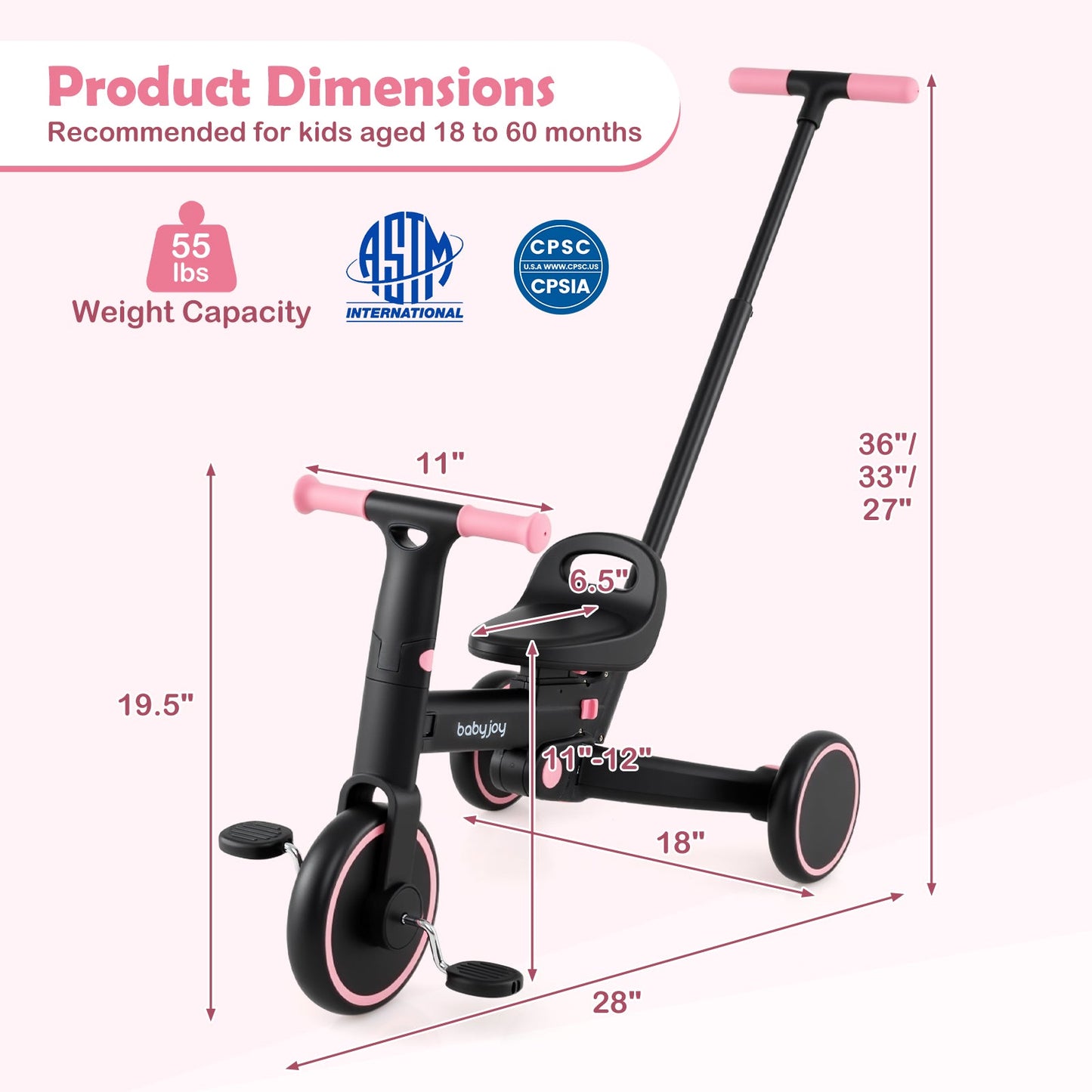 4-in-1 Foldable Toddler Tricycle with Push Handle with Adjustable Seat