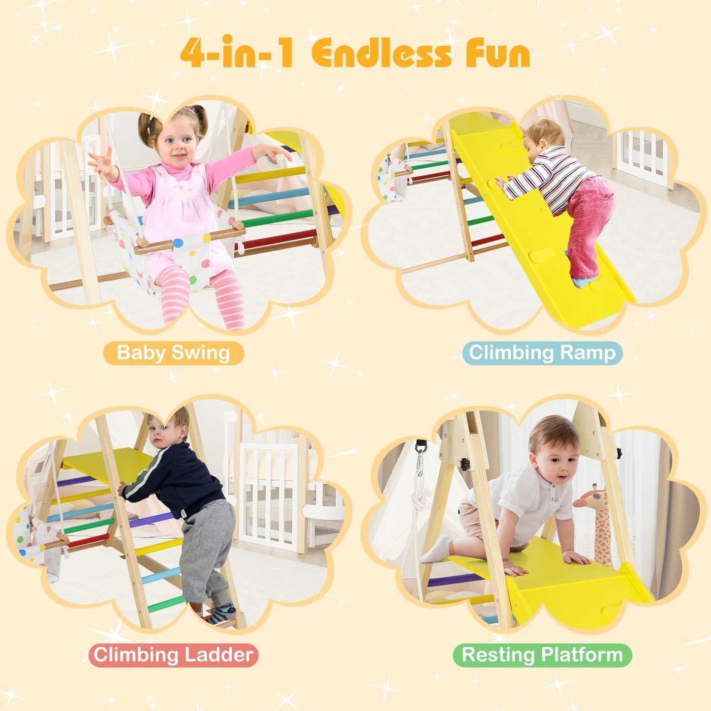 4-in-1 Indoor Jungle Gym with Baby Swing and Climbing Ramp