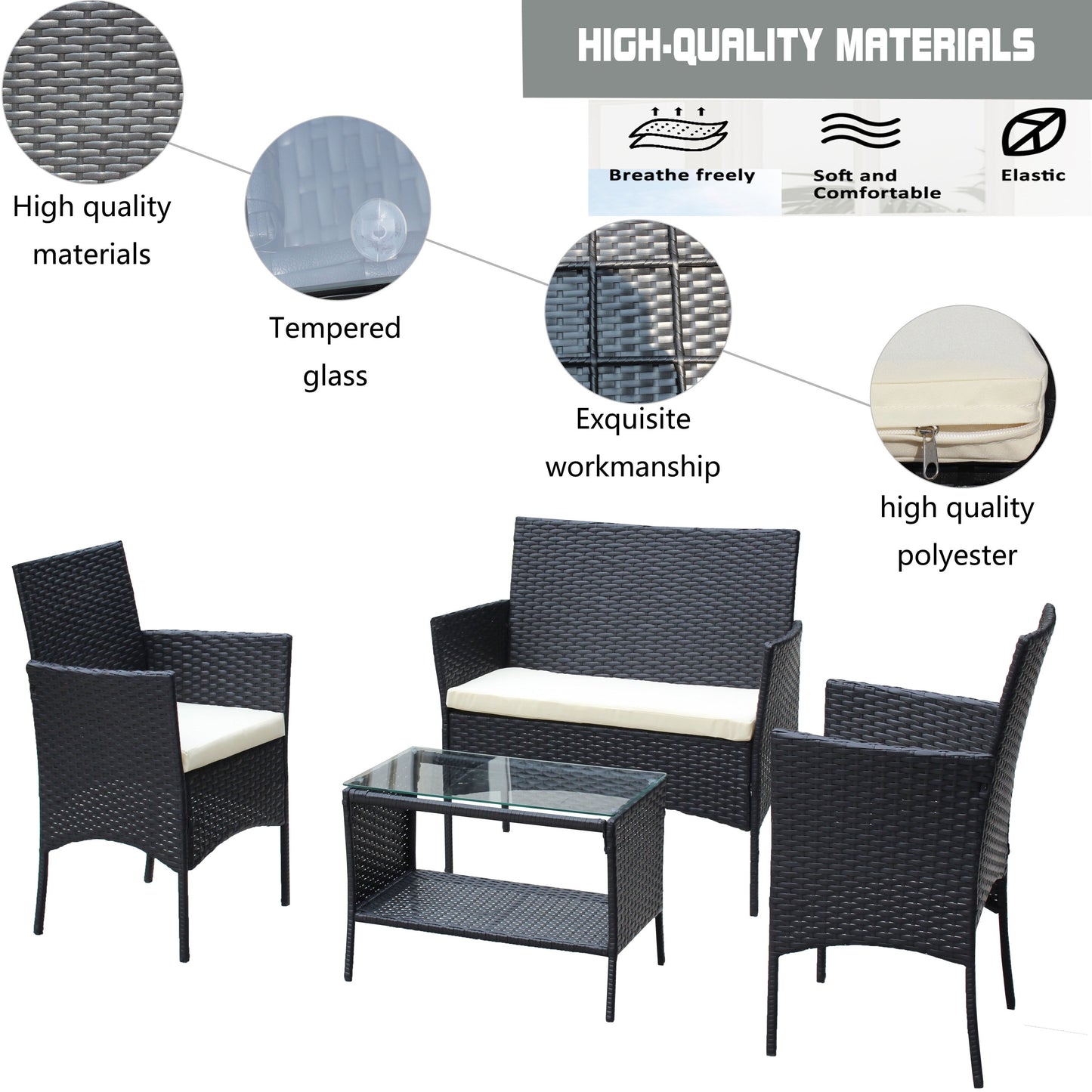 4 PC Rattan Patio Furniture Set Outdoor Cushioned Wicker Sofa