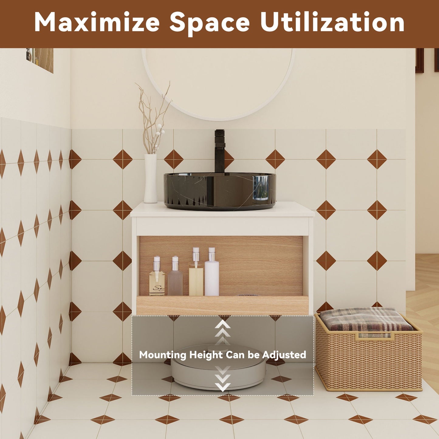 Floating Bathroom Vanity With Vessel Sink With Open Shelf Storage