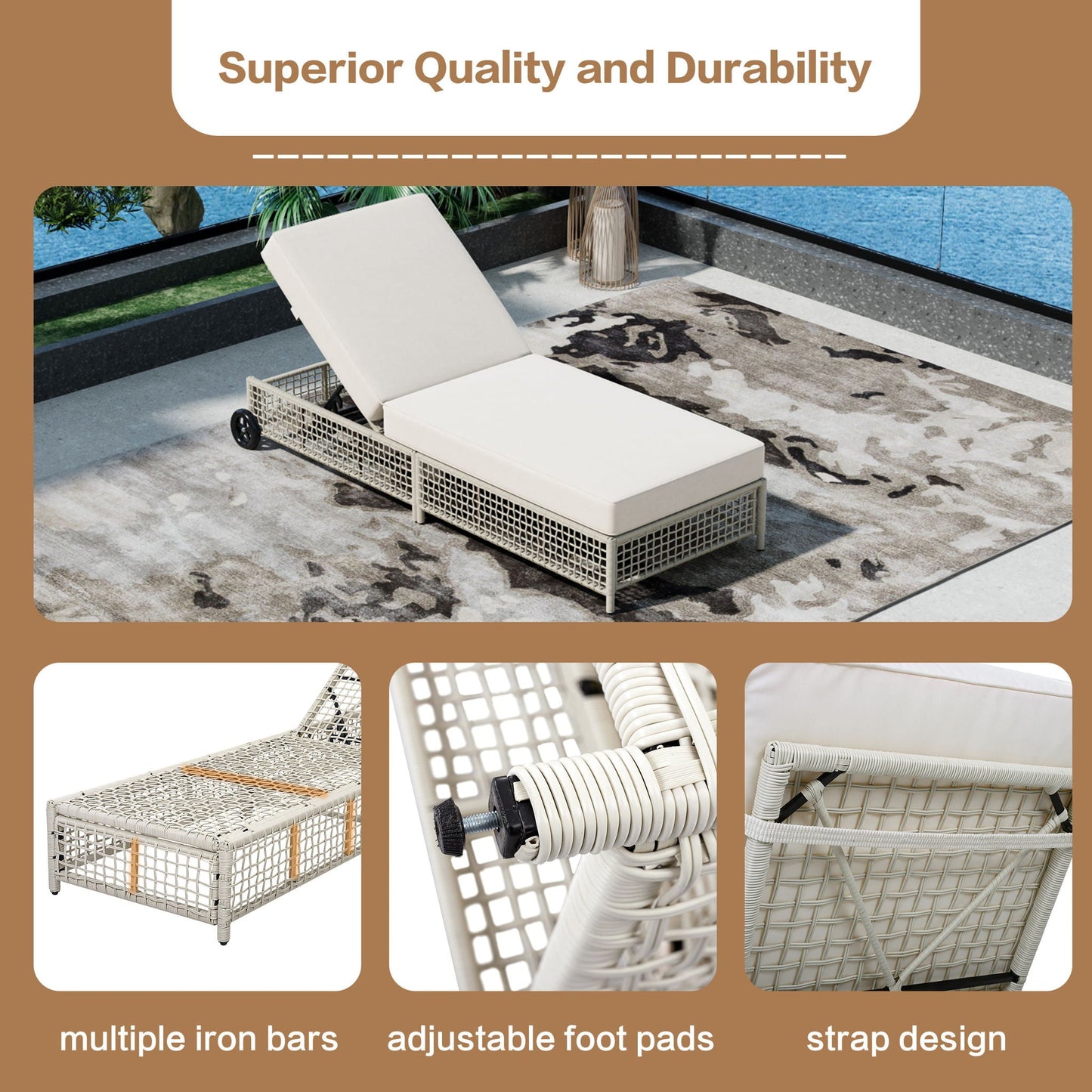 Outdoor Lounge Chair With 5 Position Backrest With Cushion And Wheels