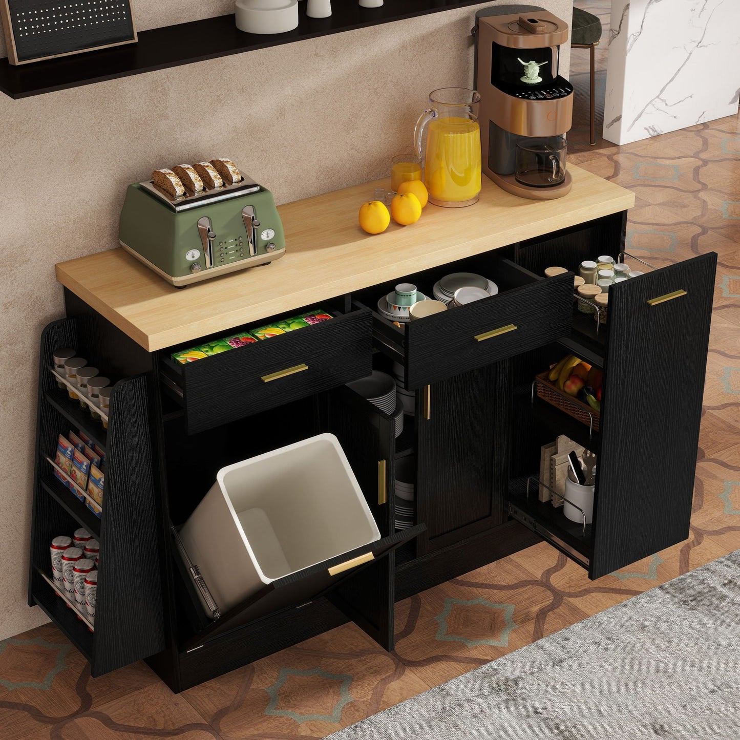 Kitchen Sideboard With Sliding Door Cabinet, 3 Tier Spice Rack