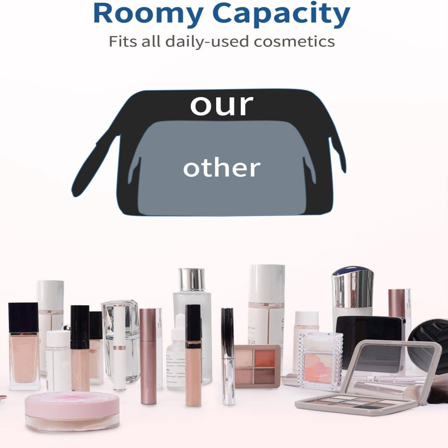 Wide-open Quilted Travel Makeup Organizer Bag with Handle: Black