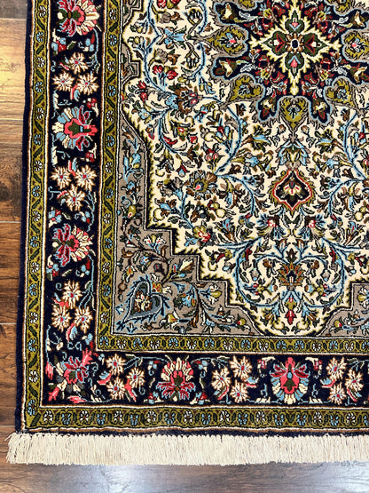 Persian Qum Rug 3x5, Wool with Silk Highlights, Handmade Semi Antique Carpet, Ivory & Navy Blue, Floral Medallion, Finely Hand Knotted
