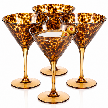 Tortoise Leopard Print Martini 9oz - Set of 4, 7.1" Spotted Borosilicate Cocktail Stem