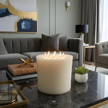Bonfire White Beeswax Candle Eight-Wick Luxury Statement Pillar 9″ Tall 8″ Wide
