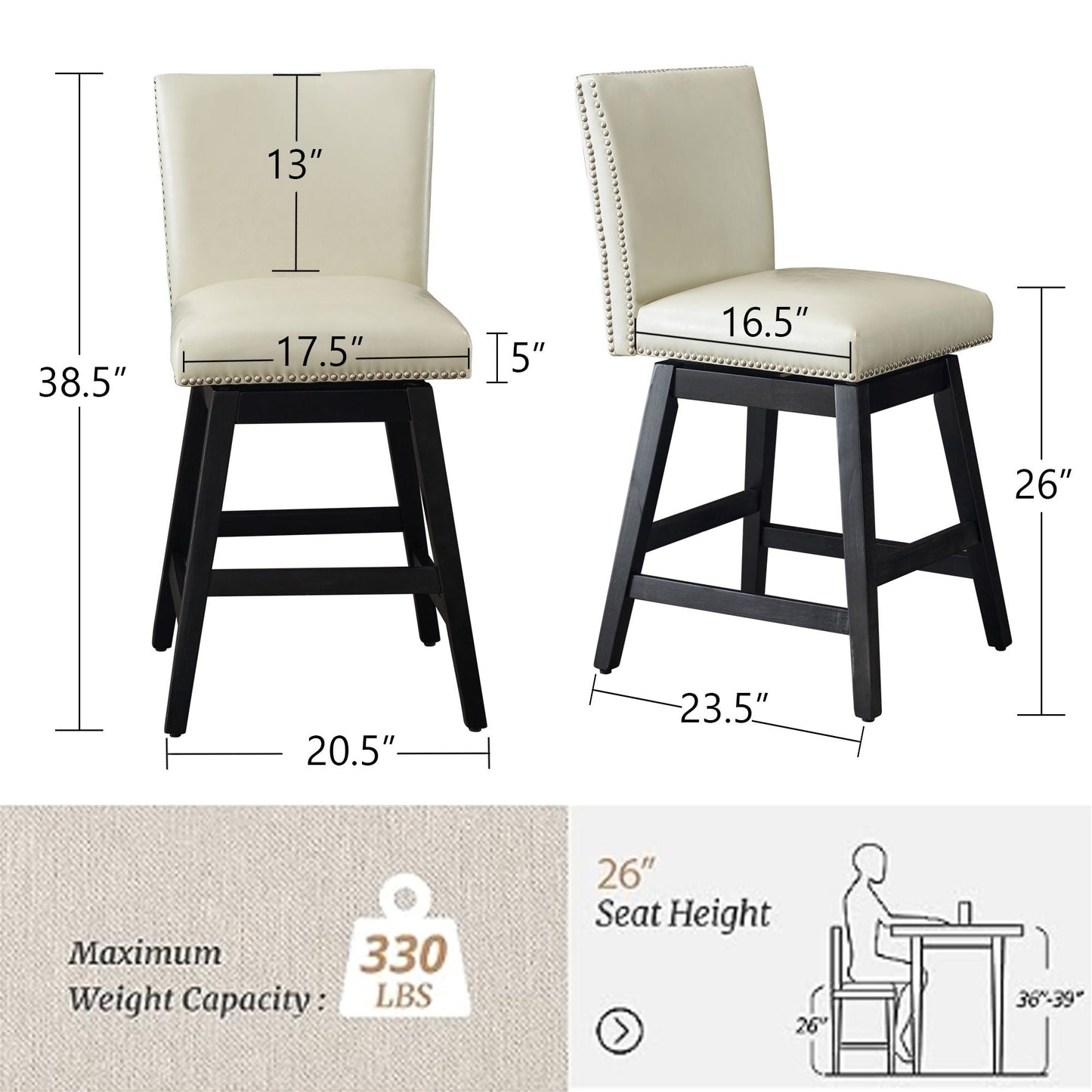 Upholstered Swivel Bar Stools High Back (Set of 2) - Cream White