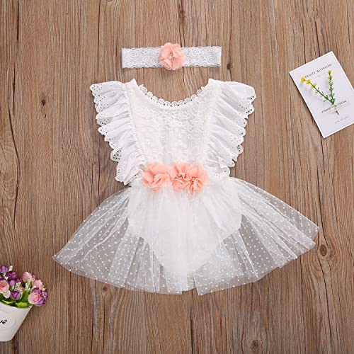 stylesilove Baby Girls Elegant White Lace Eyelet Flower Tulle Romper & Headband 2pcs Flower Girl Tutu Dress Outfit