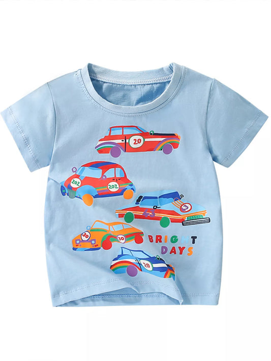 Children's Car Print Crew Neck Short Sleeve T-Shirt
