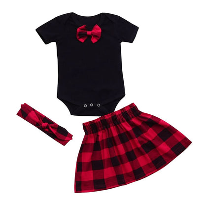 stylesilove Baby Girls Bowknot Short Sleeve Black Cotton Bodysuit, Plaid Skirt with Headband 3pcs Holiday Outfit