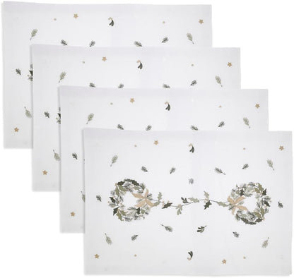 Fennco Styles Embroidered Wreath Christmas Placemats 14" X 20", Set of 4 - Green Festive Table Mats for Winter Holidays Décor, Banquet, Family Gathering, and Special Occasions