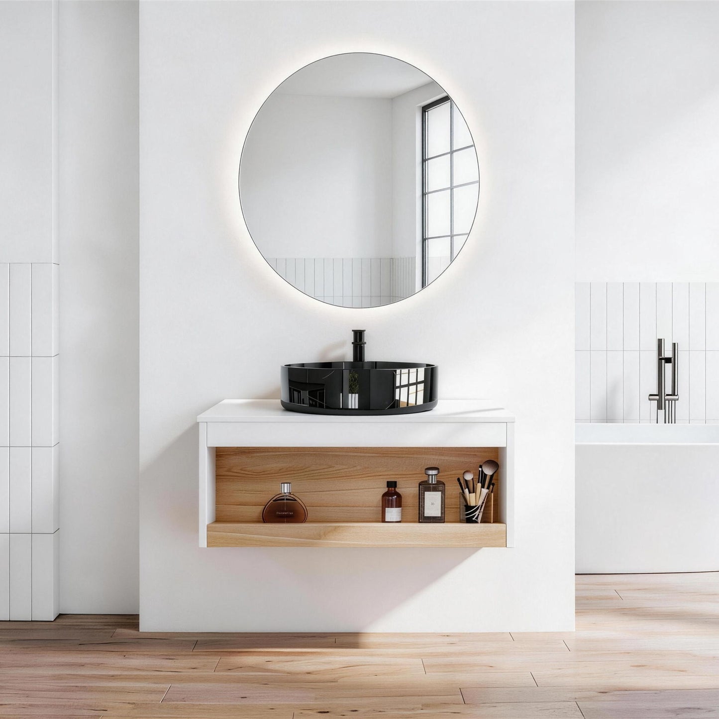 Floating Bathroom Vanity With Vessel Sink With Open Shelf Storage