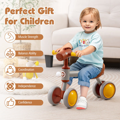 Baby Balance Bike No Pedal 4-Wheel Bicycle-Brown