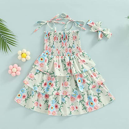 stylesilove Baby Toddler Girls Floral Print Smocked Tiered Sleeveless Dress & Headband 2pcs Summer Ruffle Sundress Outfit
