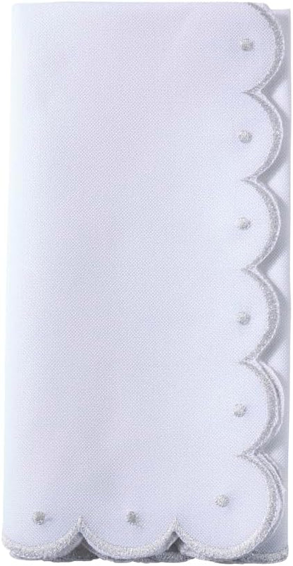 Fennco Styles Silver Embroidered Scalloped Cloth Napkins 20"x20", Set of 4 - Elegant Dinner Napkins for Holiday Dining, Weddings & Everyday Use