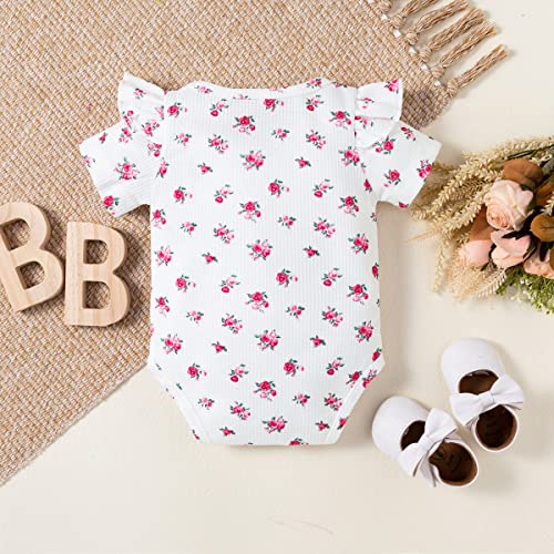 stylesilove Infant Baby Girls Floral Print Short Sleeve Bodysuit & Shorts & Headband 3pcs Set Spring Summer Romper Outfit
